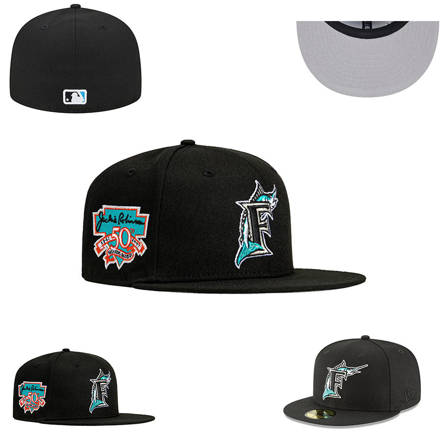 Miami Marlins Black Fitted Cap with Commemorative 50th Anniversary Patch and Teal Logo